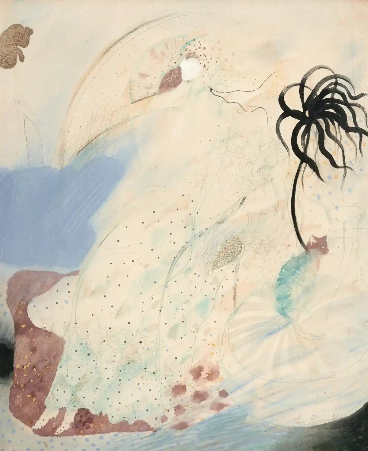 An abstract watercolor painting depicts a surreal, dreamlike scene with soft pastel colors, dotted patterns, and flowing…