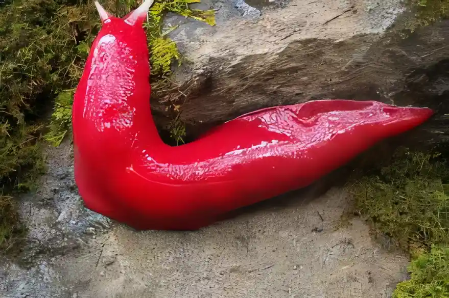A glossy, vivid red slug with two white-tipped antennae is curled on a wet, mossy rock surface. The overlaid text reads 'i'm…
