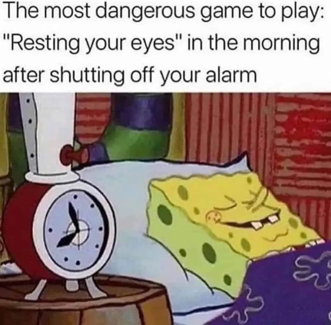 A cartoon image shows SpongeBob SquarePants lying in bed with a smug, satisfied expression, eyes closed, next to a red alarm…