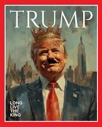 A digitally altered image shows Donald Trump with a crown on his head, smiling, against a backdrop of a city skyline. The…