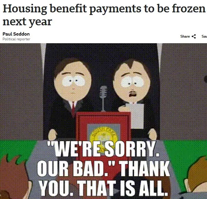 Two South Park characters stand behind a podium with a seal, looking apologetic. The overlaid text reads 'WE'RE SORRY. OUR…