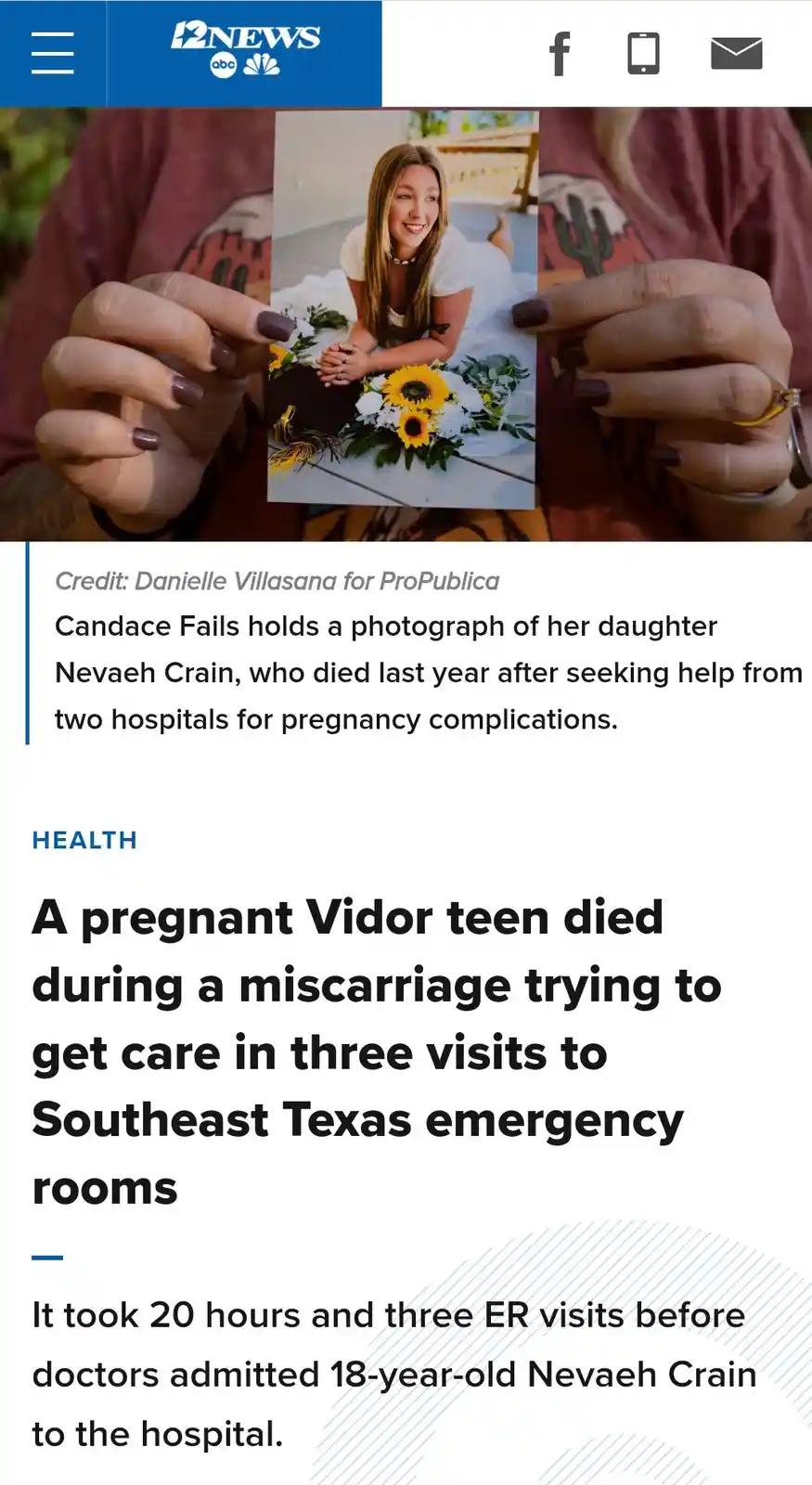 A screenshot of a 12NEWS article shows a woman holding a photo of her daughter, with text explaining the teen died after…