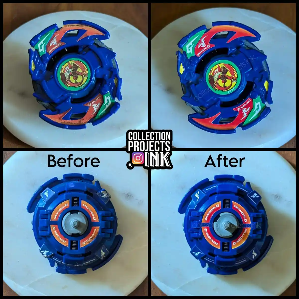 A four-panel image shows a Beyblade toy before and after restoration. Top panels display the top view of a blue Beyblade…