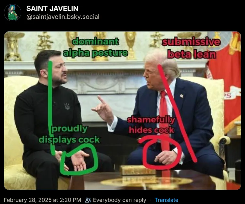 Two men sit across from each other at a table; one is labeled 'dominant alpha posture' with a green arrow pointing down his…