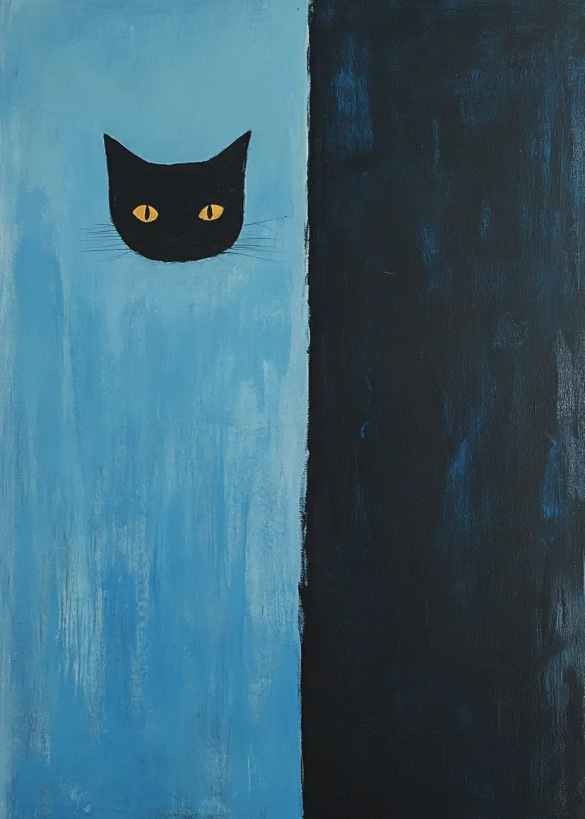 A stylized painting shows a black cat's face with yellow eyes peeking from behind a vertical split in a blue and dark blue…