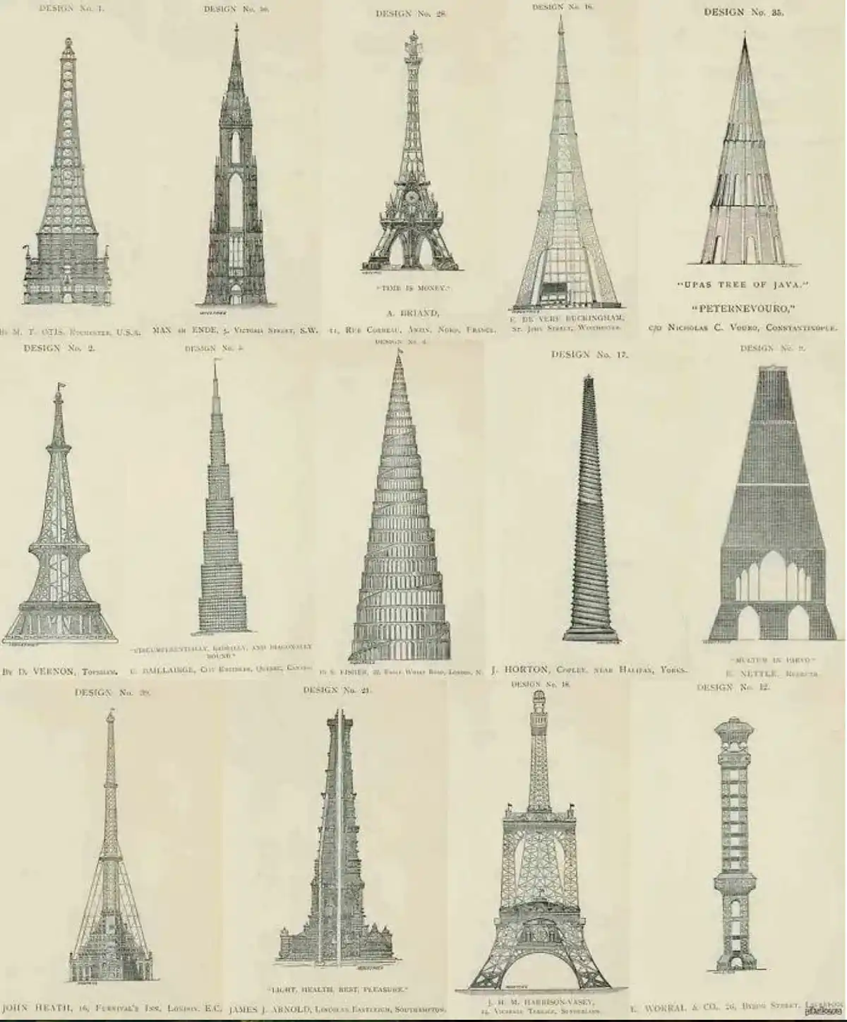 An antique-style architectural drawing displays a grid of 15 proposed tower designs, each labeled with a 'DESIGN No.' and…