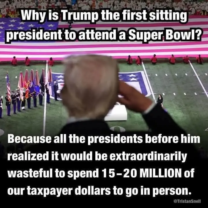A photo shows Donald Trump from behind, saluting during a Super Bowl halftime ceremony on a football field. In the…