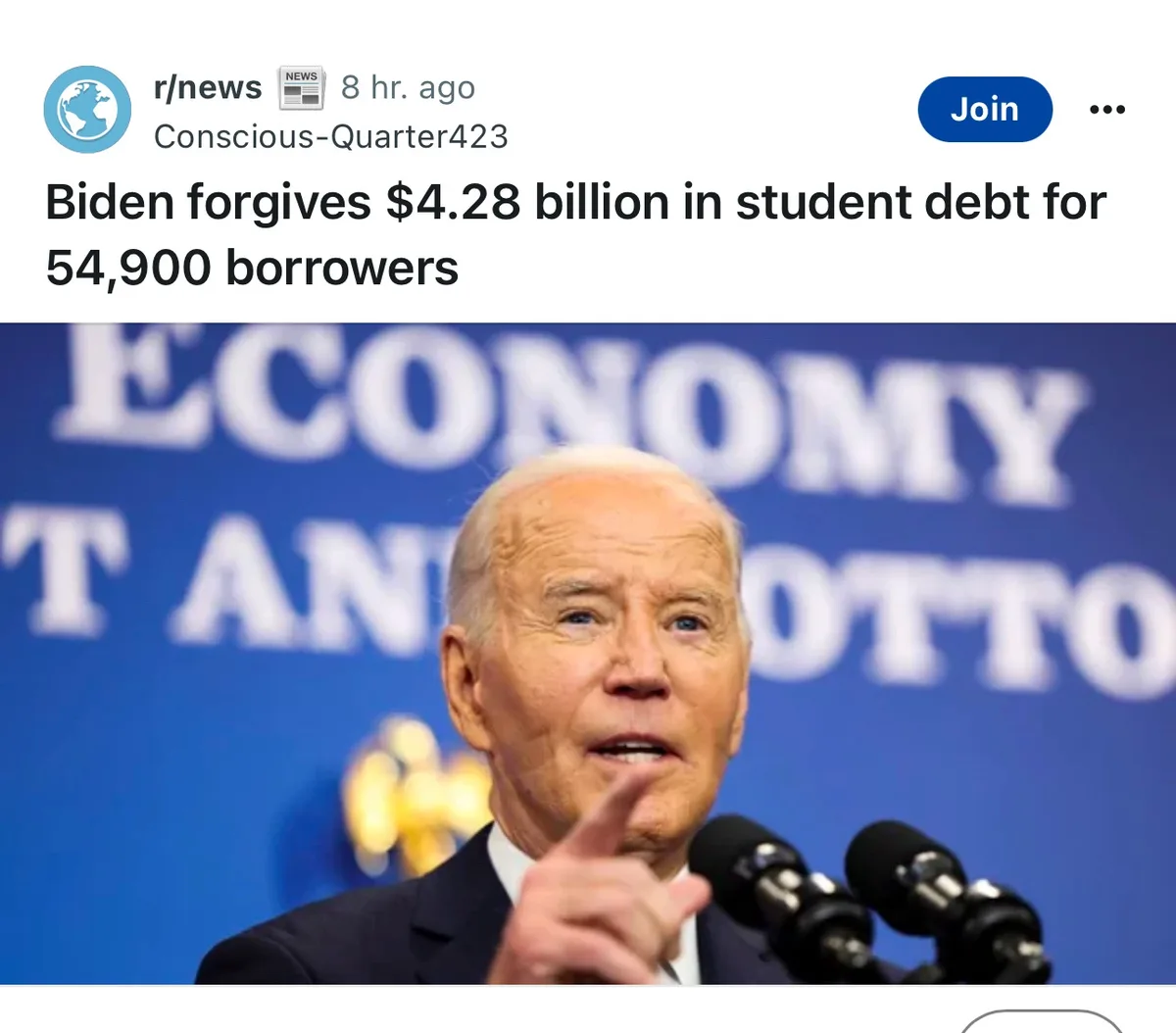 A screenshot of a Reddit post from r/news shows a photo of Joe Biden speaking at a podium with microphones, pointing…