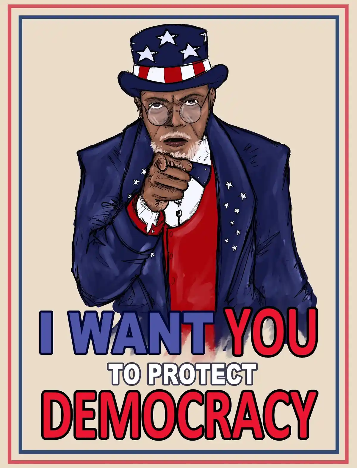 A digitally illustrated poster features a stern-looking Black man wearing a patriotic Uncle Sam hat with stars and stripes…