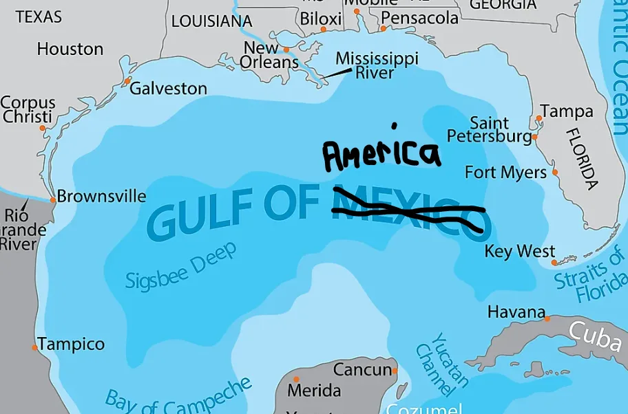 A map of the Gulf of Mexico and surrounding U.S. states and cities, with the text 'America' handwritten over the gulf and…
