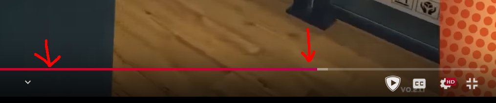 a video player interface showing a progress bar with two red arrows pointing to the start and end of the bar, indicating the…