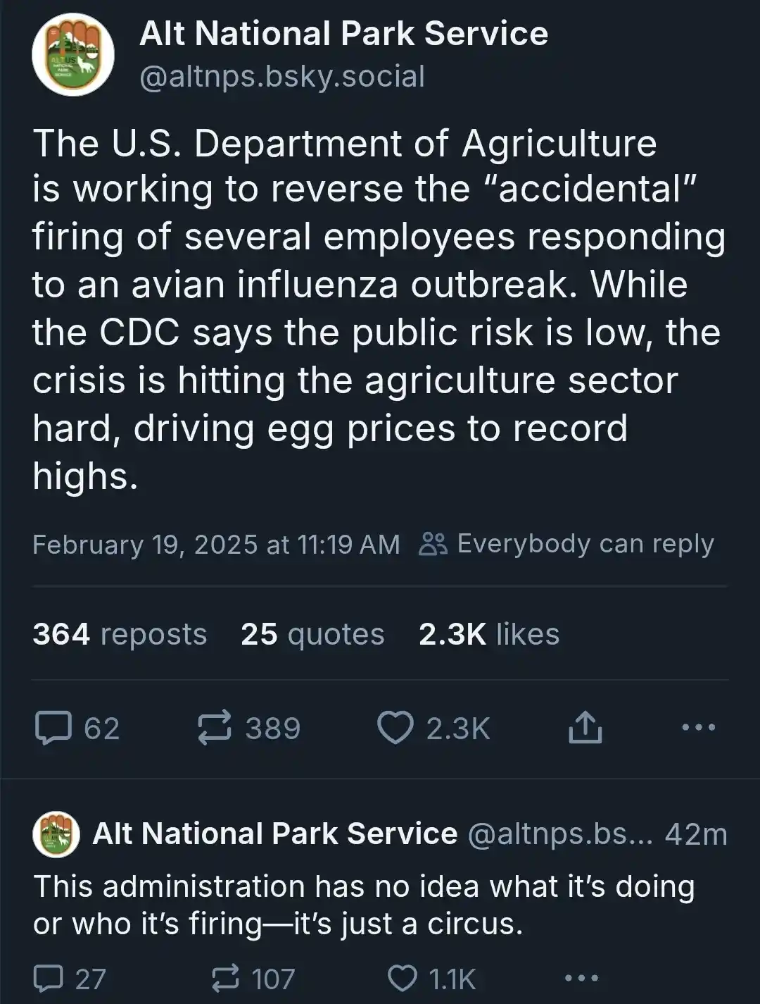A screenshot of two tweets from the account 'Alt National Park Service' on a social media platform. The first tweet, dated…