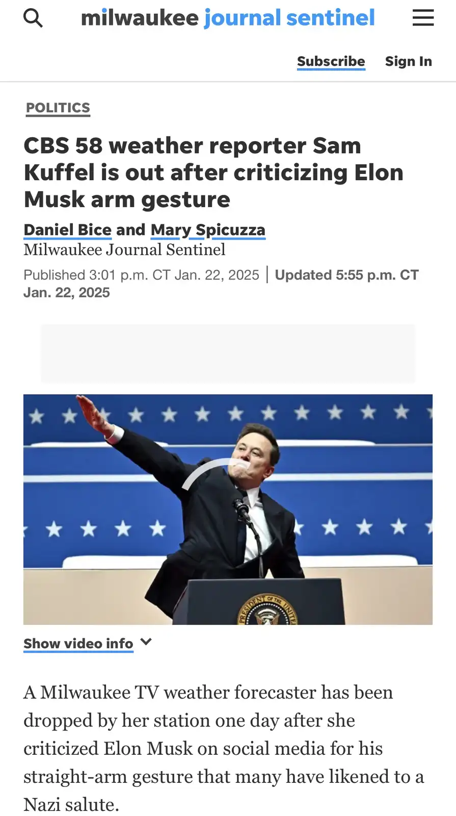 A screenshot of a Milwaukee Journal Sentinel article about a weather reporter being fired for criticizing Elon Musk's arm…