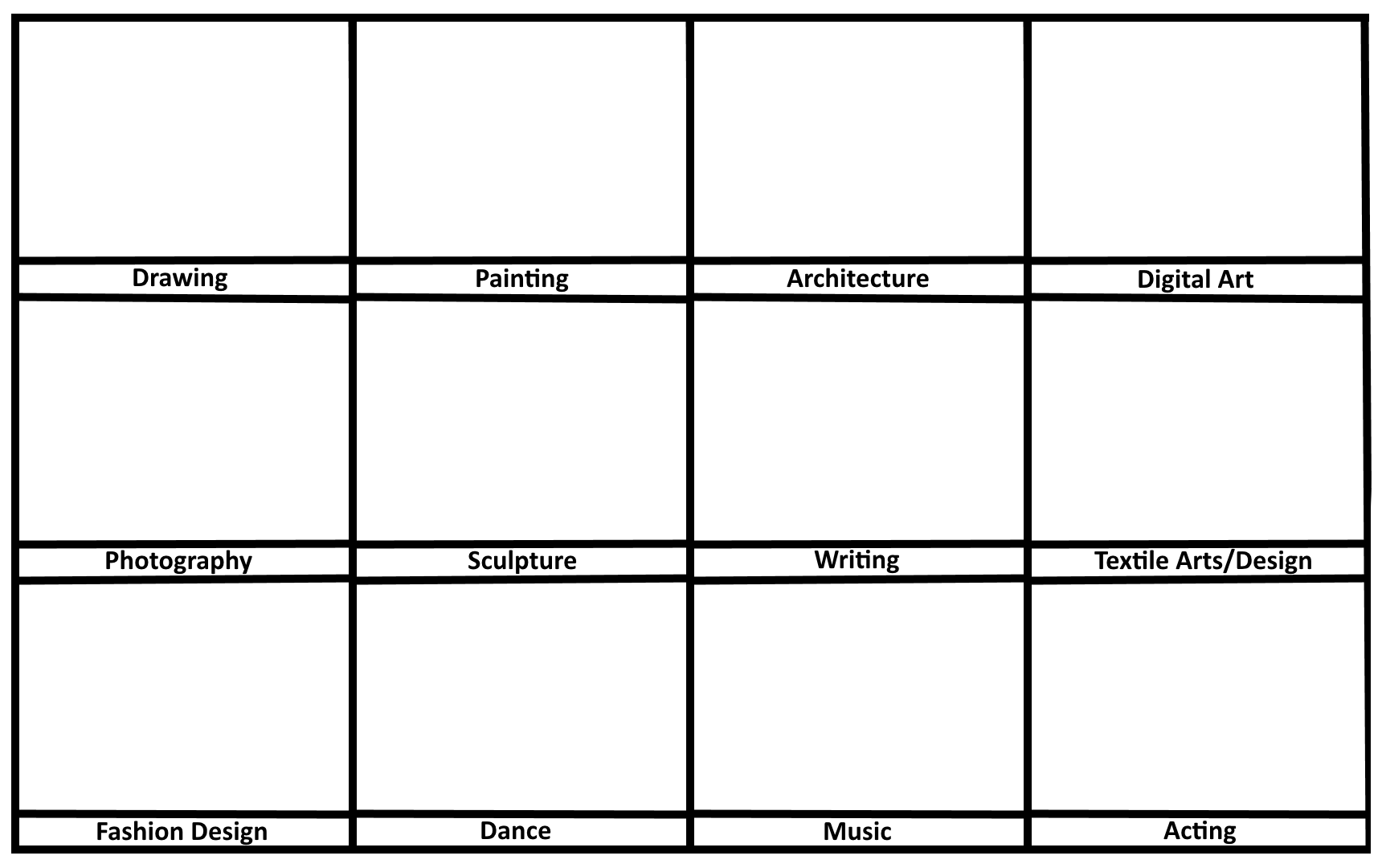 A black-and-white grid template with 16 empty white boxes arranged in a 4x4 matrix. The top row labels are 'Drawing'…