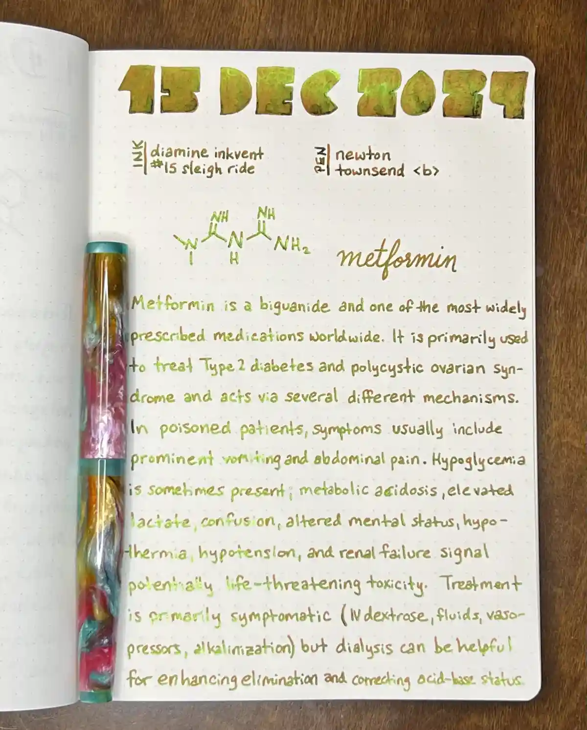 A handwritten notebook page dated '13 DEC 2024' shows a detailed medical entry about metformin, including its chemical…