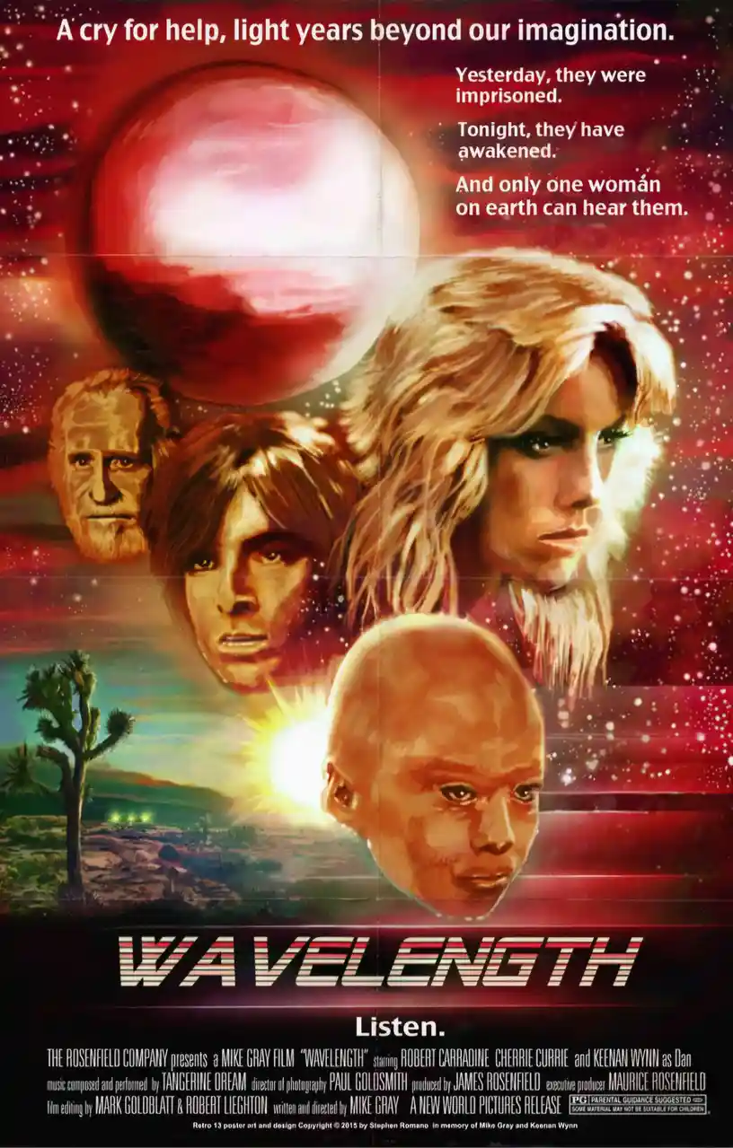 This is a vintage science fiction movie poster for 'Wavelength,' featuring four floating human faces against a cosmic…