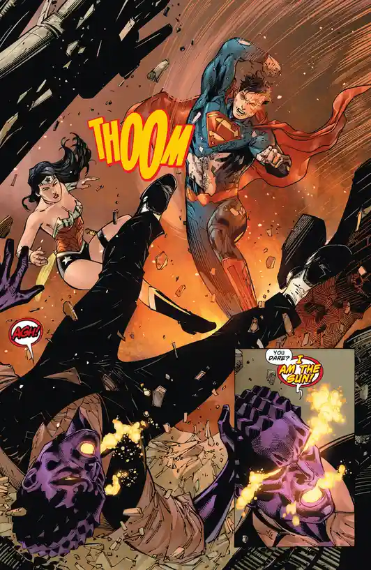 A comic book panel shows Superman mid-air, delivering a powerful kick to a purple-skinned villain, with Wonder Woman…
