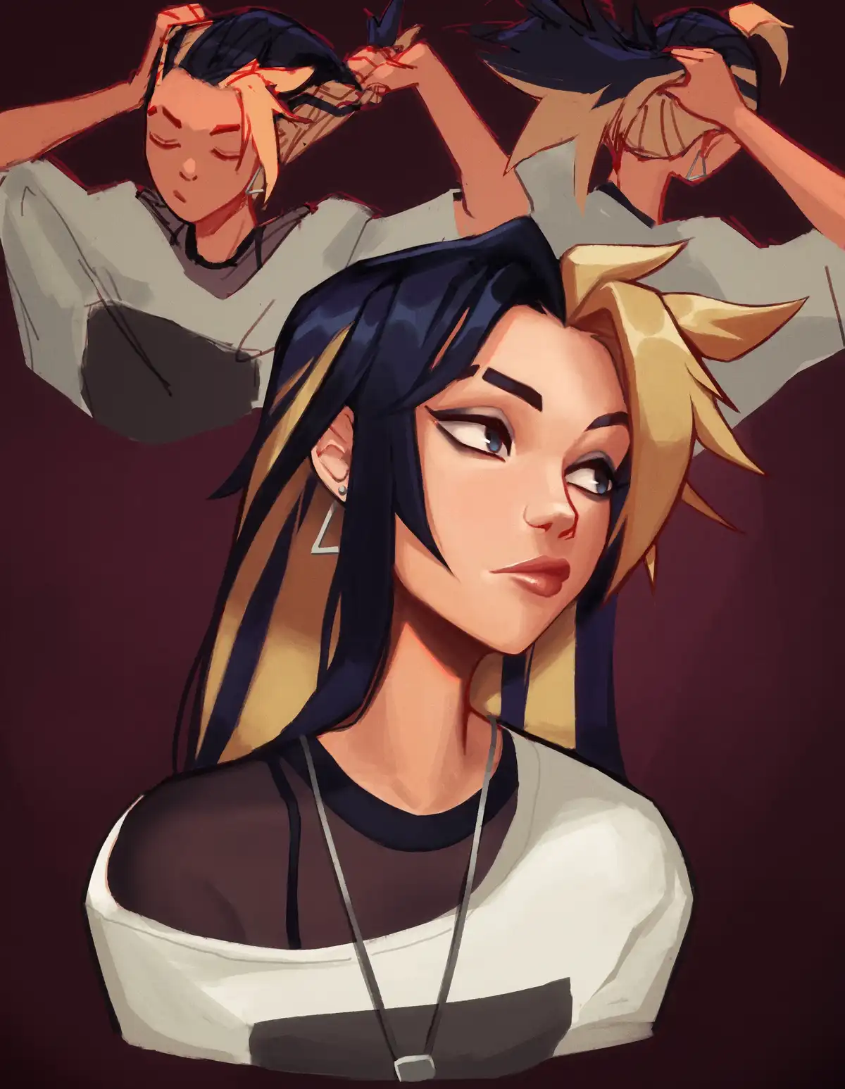 An anime-style illustration shows a person with dark and blonde hair looking away with a tired expression. Behind them, two…