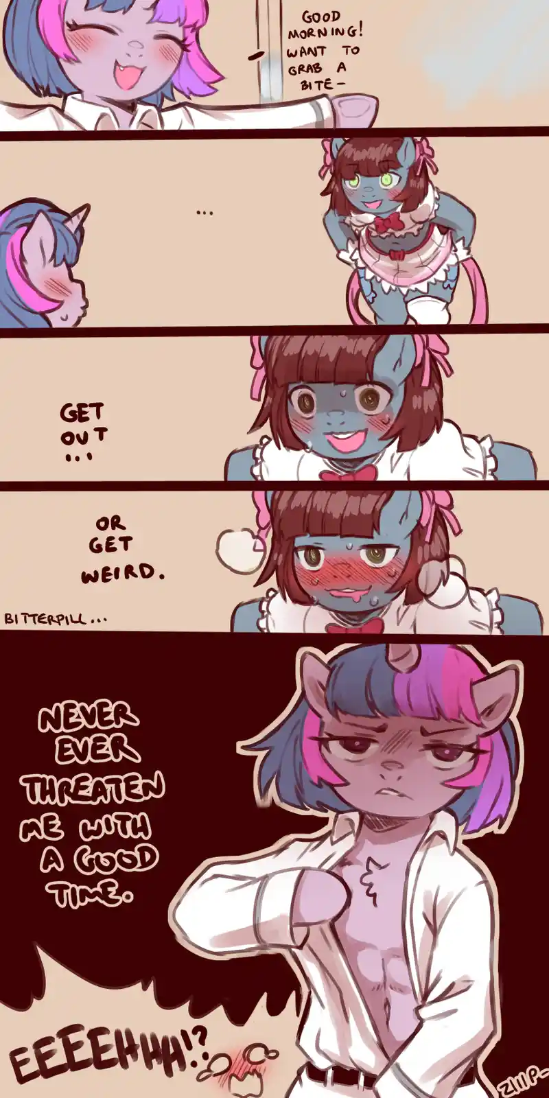 A four-panel comic shows a cheerful pink-haired character inviting a blue-skinned character to grab a bite. The blue…