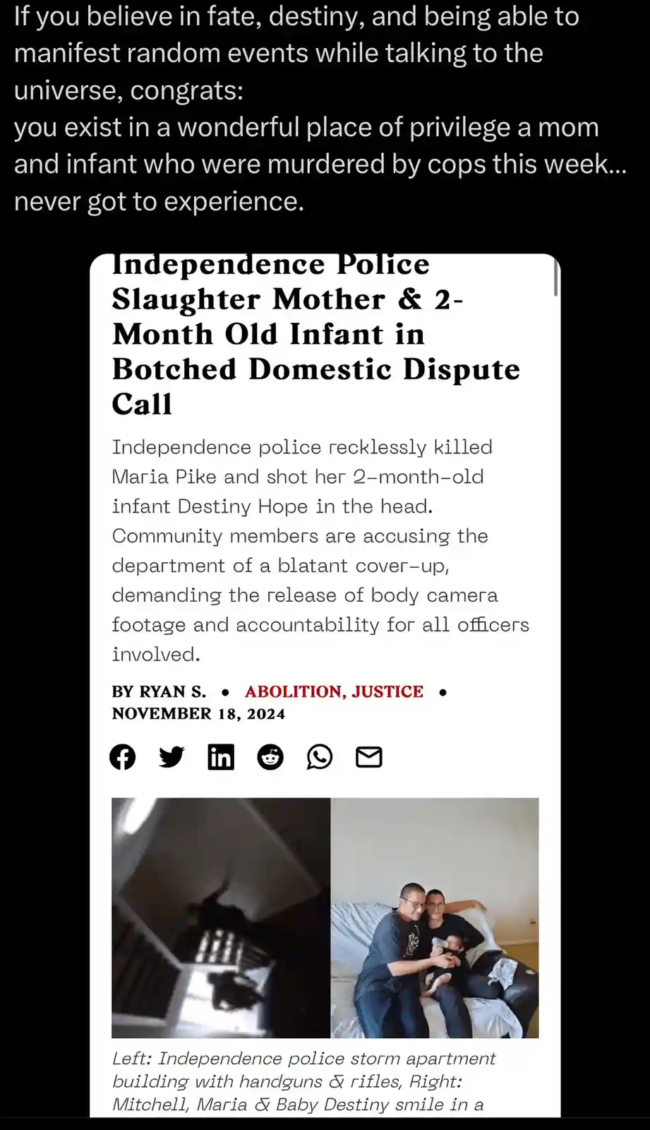 A screenshot of a news article about police killing a mother and her 2-month-old infant during a domestic dispute…