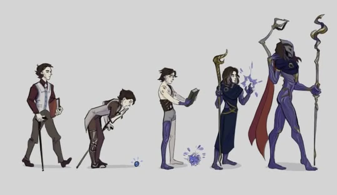 A sequence of five illustrated characters shows a man progressing from a normal person with a cane to a powerful wizard with…