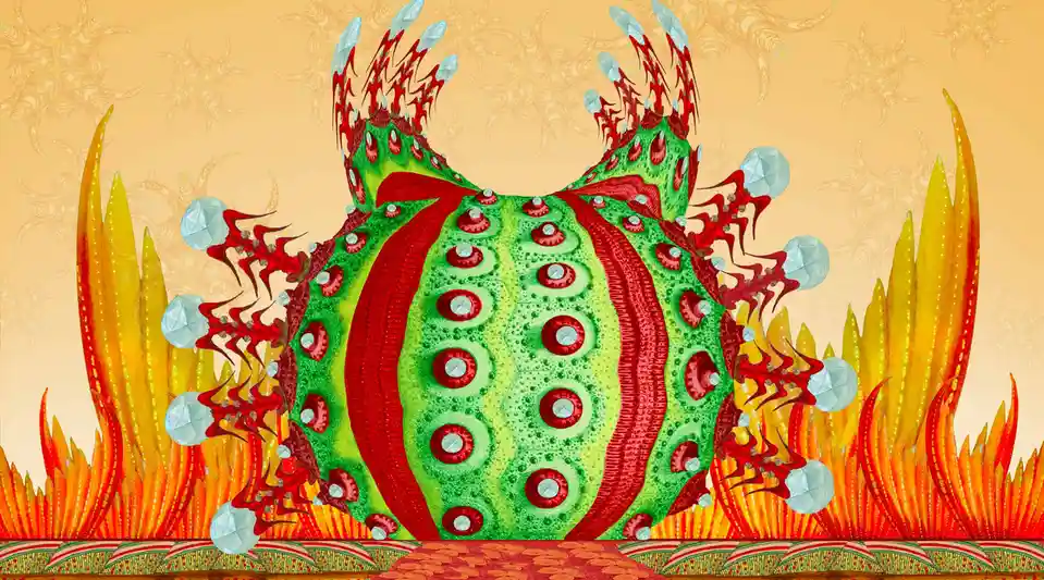 A surreal, ornate digital artwork depicts a large, symmetrical, green and red creature with diamond-like protrusions and…