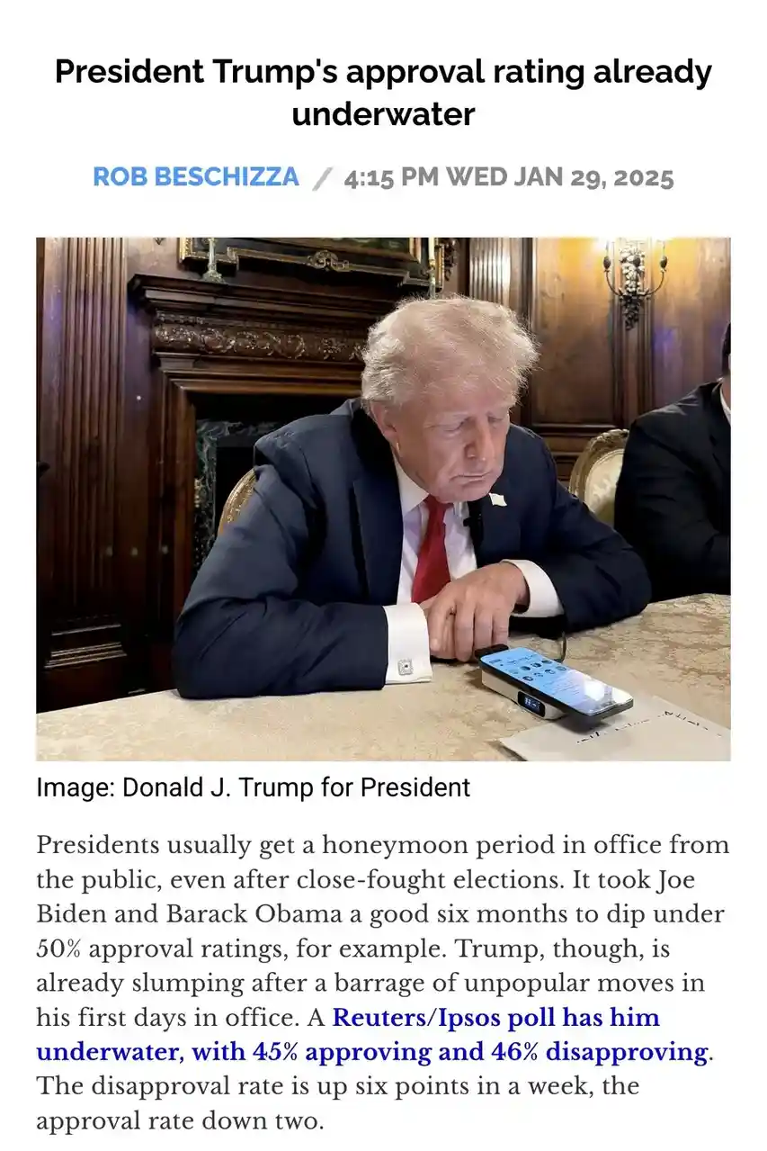 A screenshot of a news article by Rob Beschizza dated Jan 29, 2025, shows Donald Trump looking down at a smartphone on a…