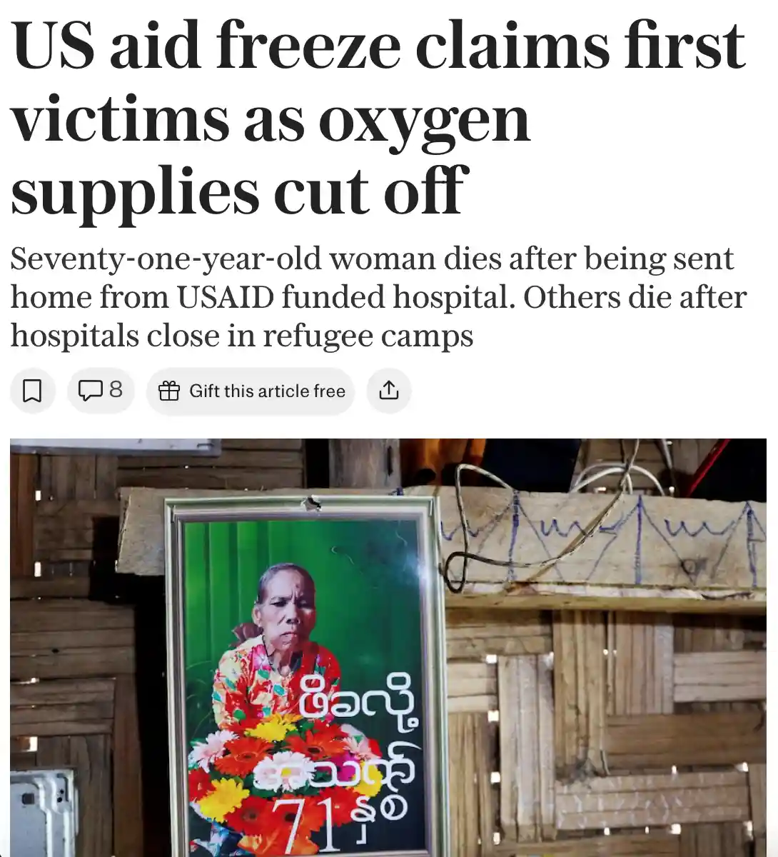 A screenshot of a news article with a headline about US aid cuts causing deaths in refugee camps, overlaid on a photo of a…