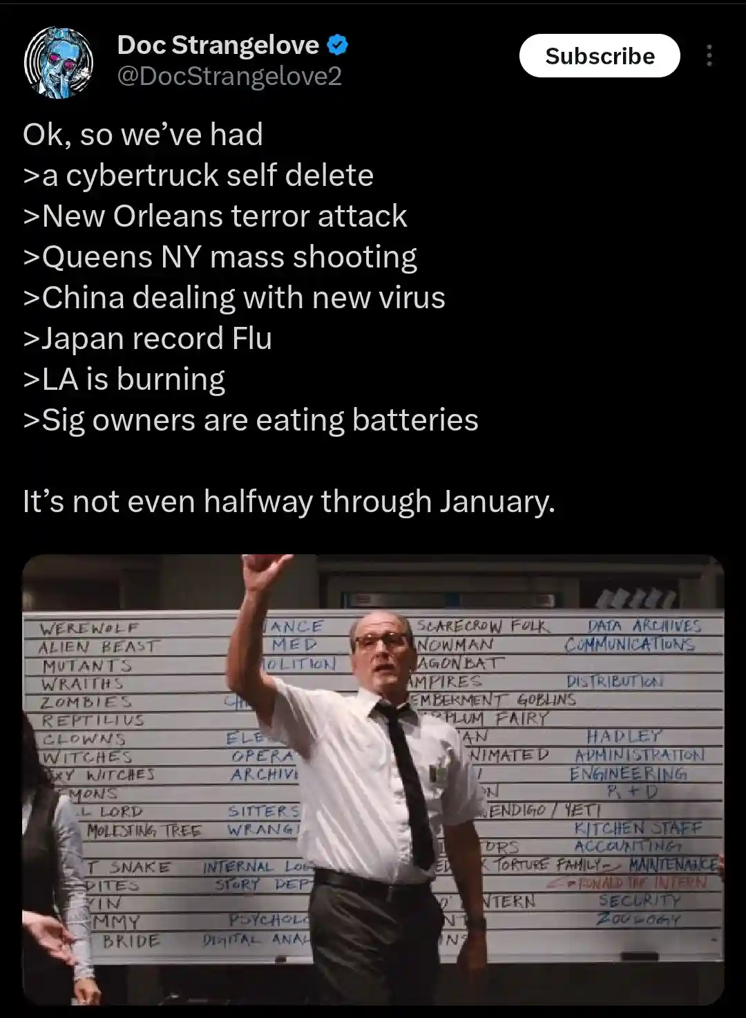 A screenshot of a Twitter post by 'Doc Strangelove' lists recent global events like a Cybertruck self-deleting, terror…