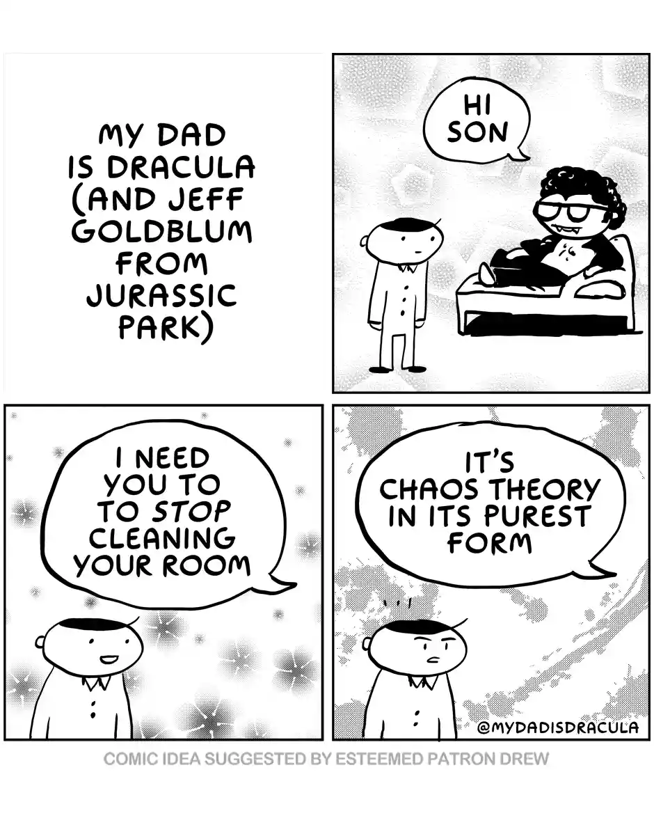 A four-panel comic strip shows a son visiting his father, who is depicted as a vampire with fangs and glasses, lounging in…