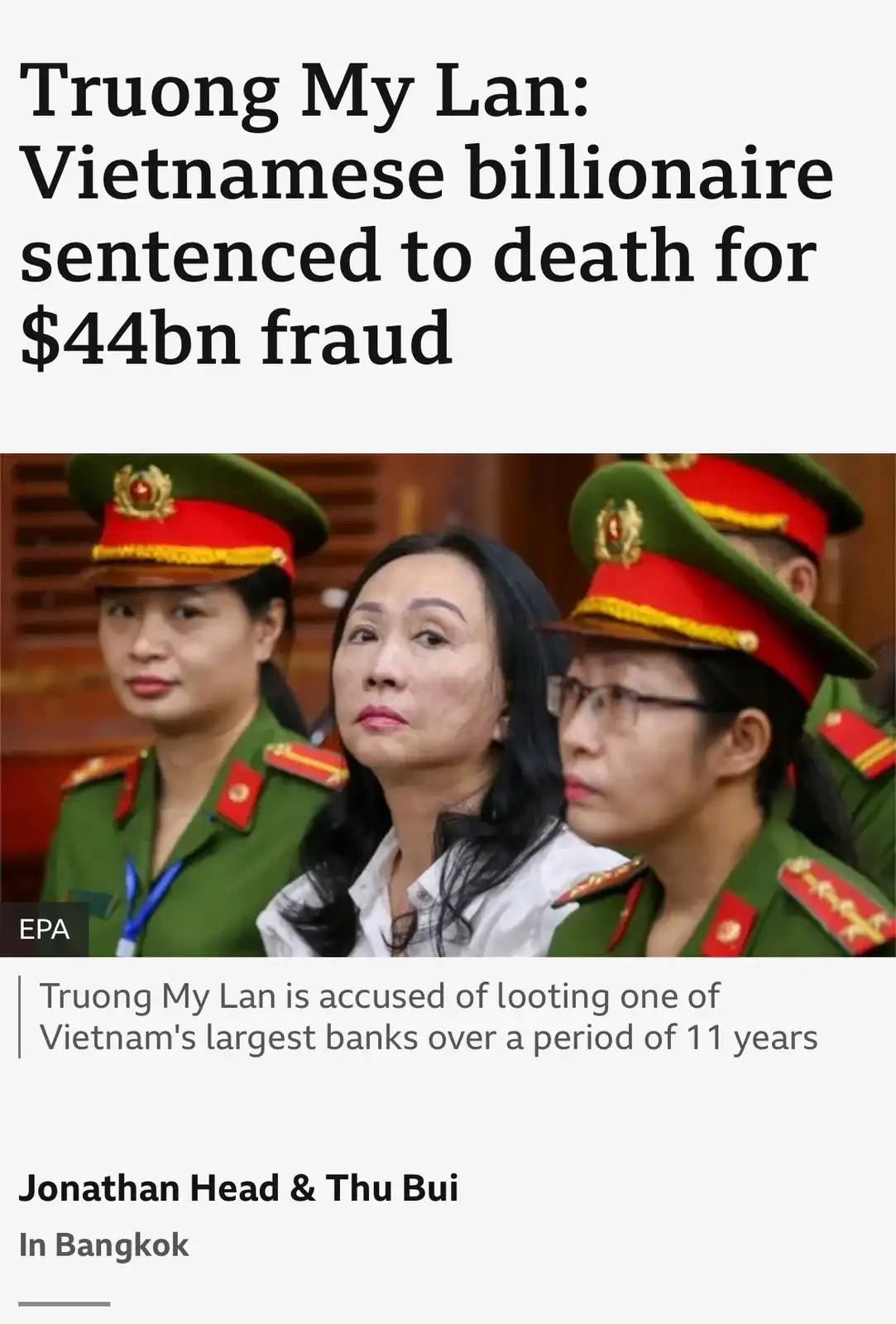 A news article screenshot shows Truong My Lan, a woman in a white shirt, flanked by two uniformed female officers in green…