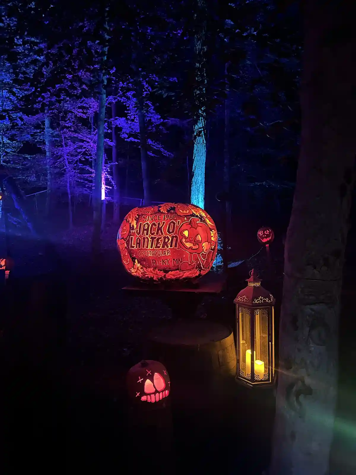 A large, intricately carved glowing pumpkin sits on a stand in a dark forest, illuminated by blue and purple lights. The…