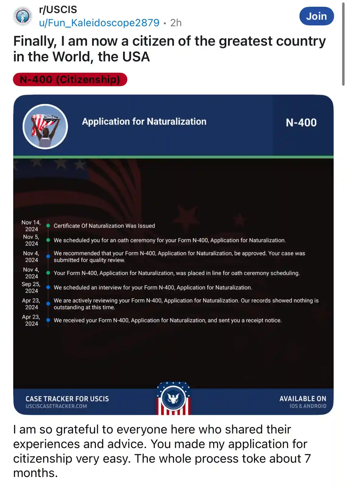 A screenshot of a USCIS case tracker for Form N-400 (Application for Naturalization) showing a timeline from April 23, 2024…