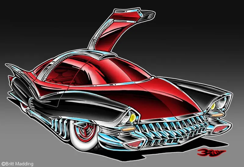 A stylized illustration of a red and black classic car with a dramatic upward-swinging roof, chrome accents, and glowing…