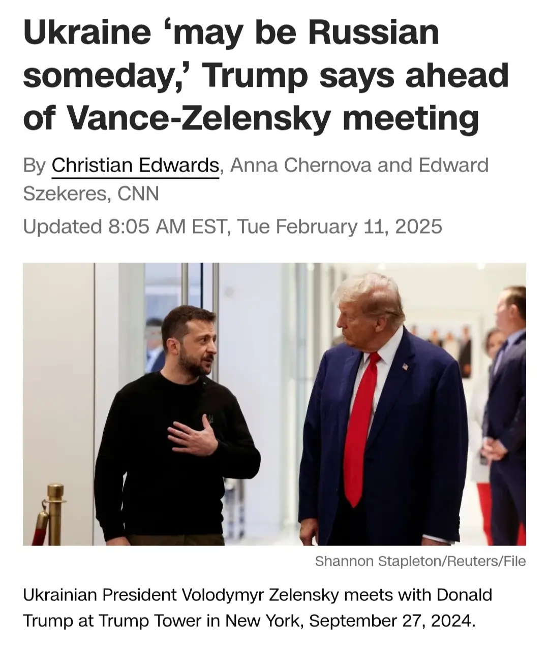 A screenshot of a CNN news article header showing a photo of Ukrainian President Volodymyr Zelensky and Donald Trump…