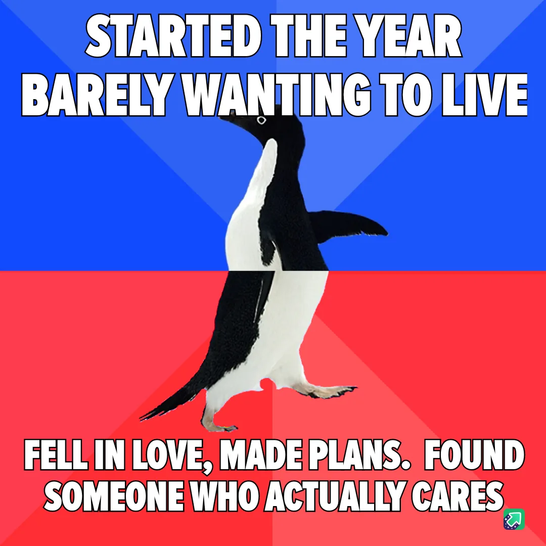 A penguin stands centered against a split background of blue and red, with bold white text above and below. The top text…