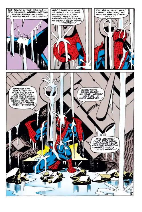 A comic book panel of Spider-Man struggling to stay conscious as a crack in the ceiling grows, with text bubbles showing his…