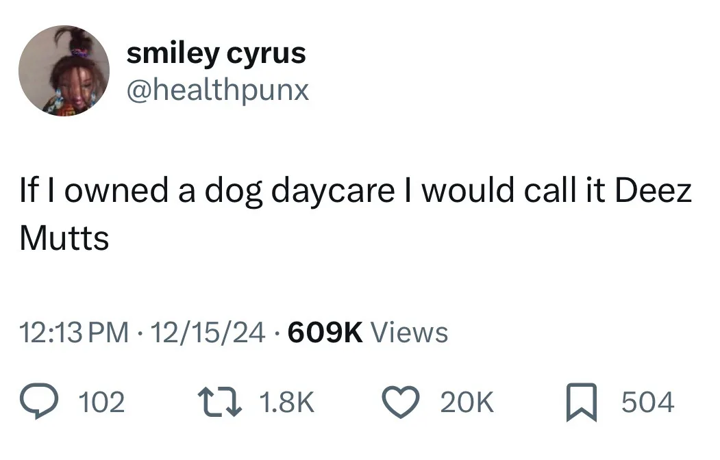A screenshot of a tweet from user 'smiley cyrus' (@healthpunx) showing their profile picture and the text 'If I owned a dog…