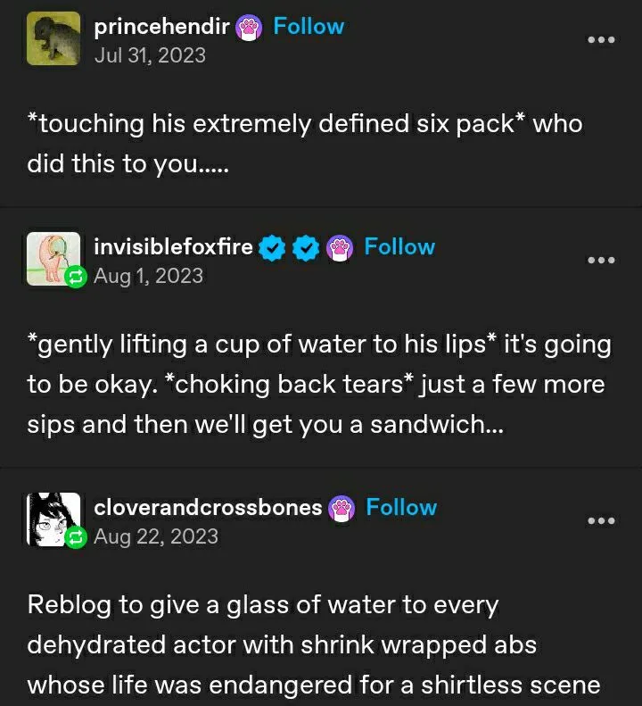 A screenshot of three Twitter/X posts in a thread, each with overlaid text describing a dramatic, empathetic reaction to an…