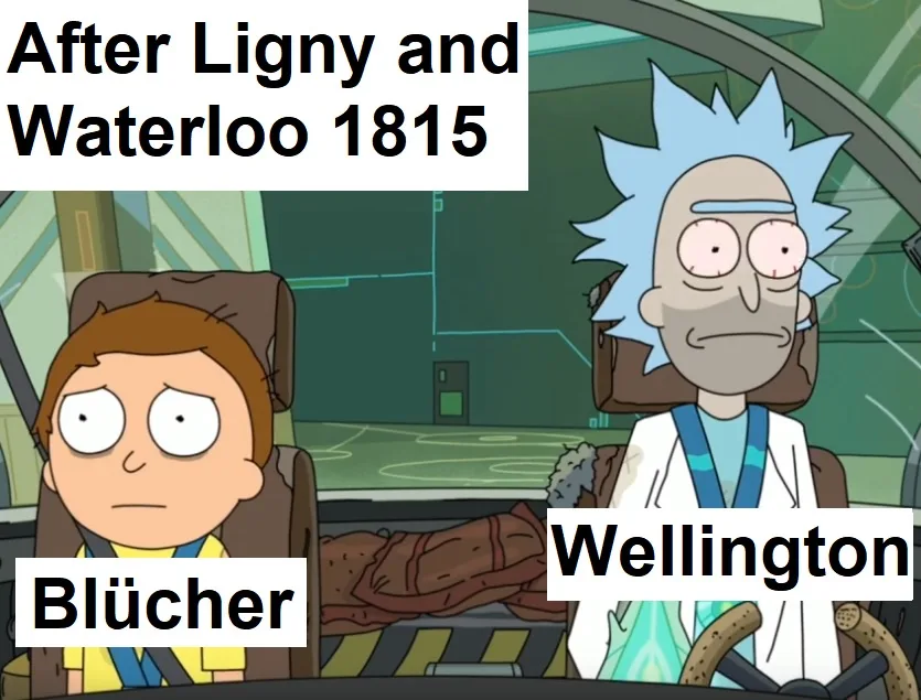 Two characters from the animated show Rick and Morty are shown in a vehicle. The character on the left, labeled 'Blücher'…