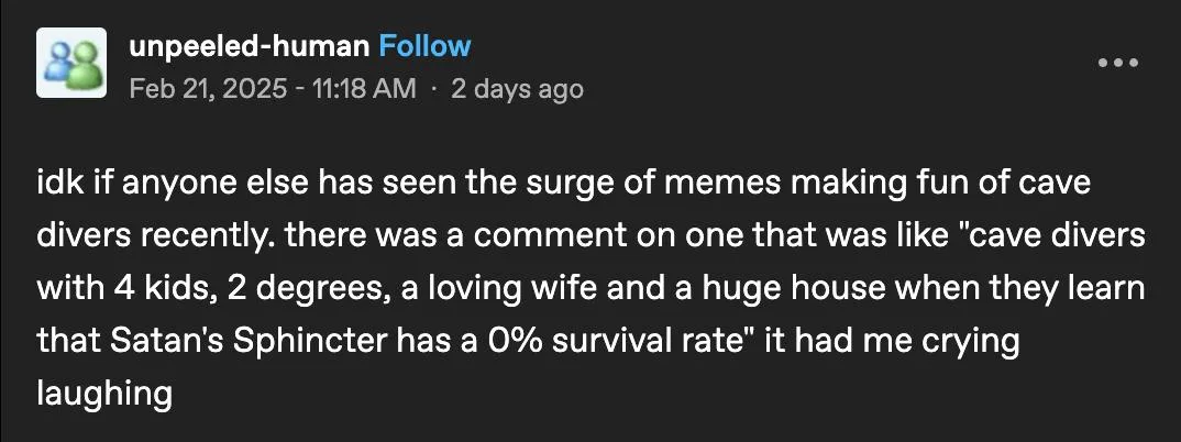 The image shows a screenshot of a social media post from a user named 'unpeeled-human' dated February 21, 2025. The post is…