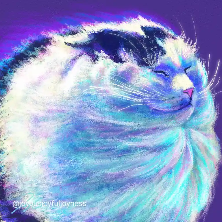 A stylized, colorful drawing of a cat's head with closed eyes and a serene expression, rendered in vibrant purples, blues…
