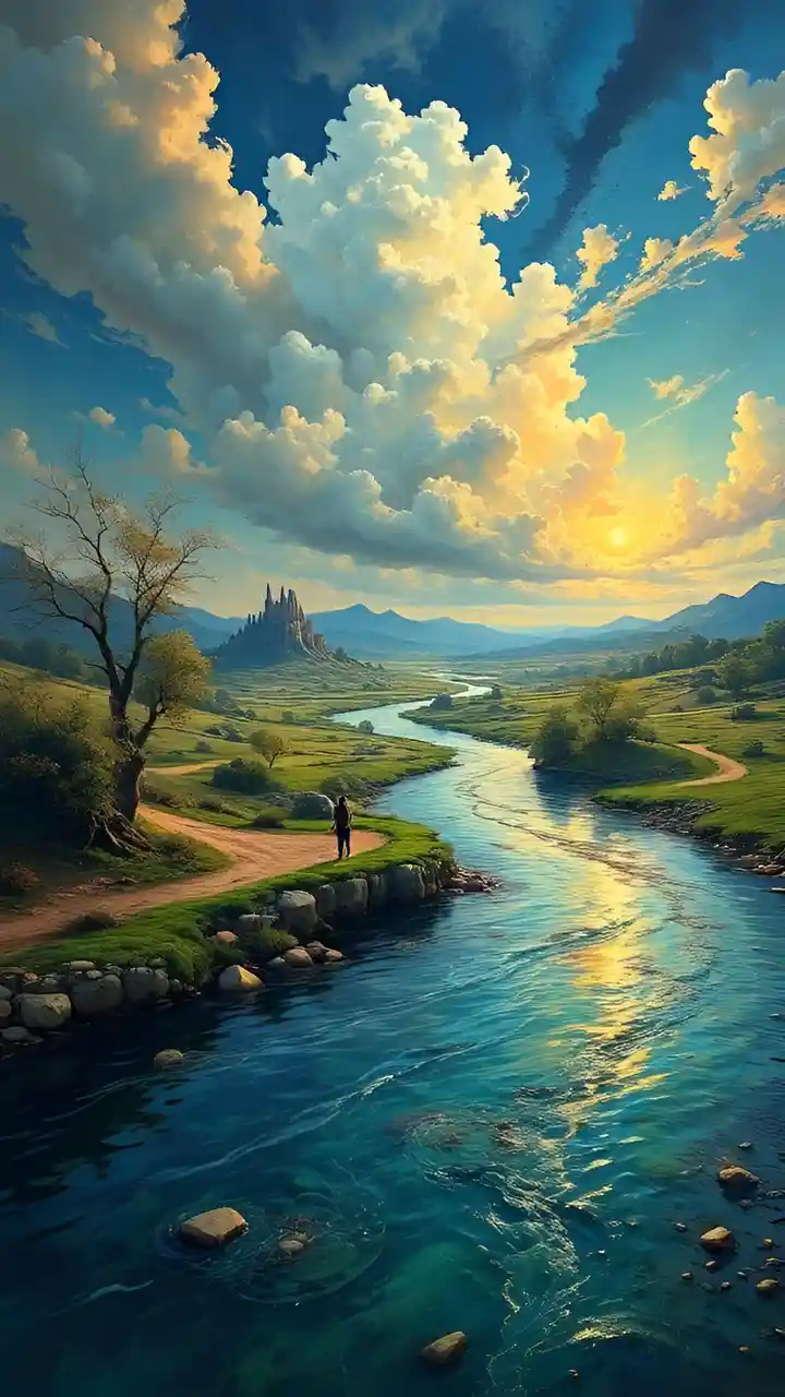 A person stands on a grassy riverbank overlooking a winding river, with a majestic castle on a distant hill under a dramatic…