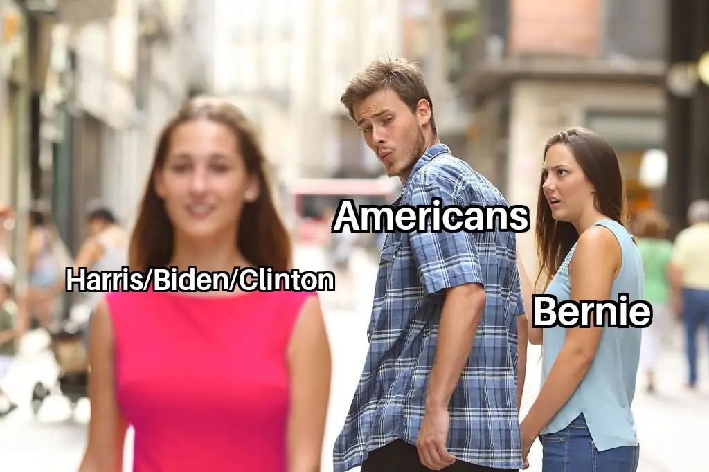 A man in a plaid shirt turns his head to look at a woman in a light blue top labeled 'Bernie' with a surprised expression…