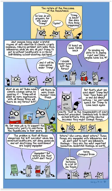 A comic strip featuring raccoon characters in a political satire, where one raccoon questions how to prepare for life under…