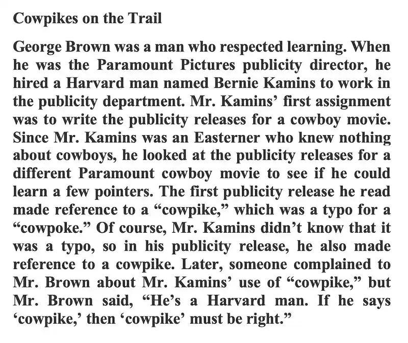 The image displays a black-and-white text block titled 'Cowpikes on the Trail,' recounting a story about a Harvard-educated…