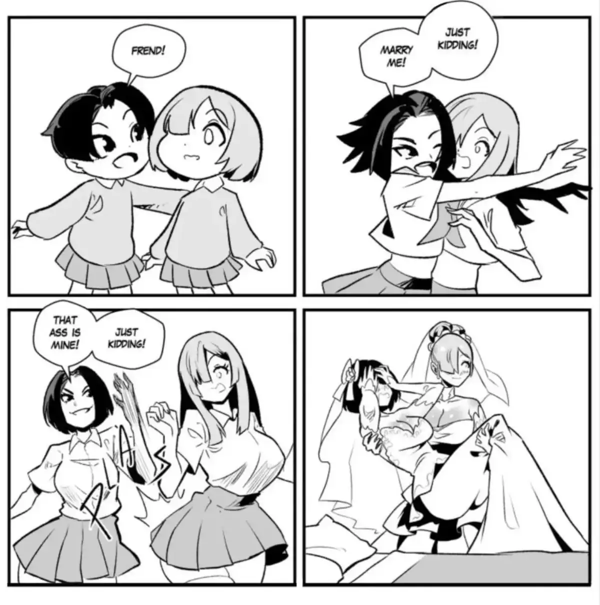 A four-panel black-and-white comic strip featuring two anime-style girls. In the first panel, one girl calls the other…