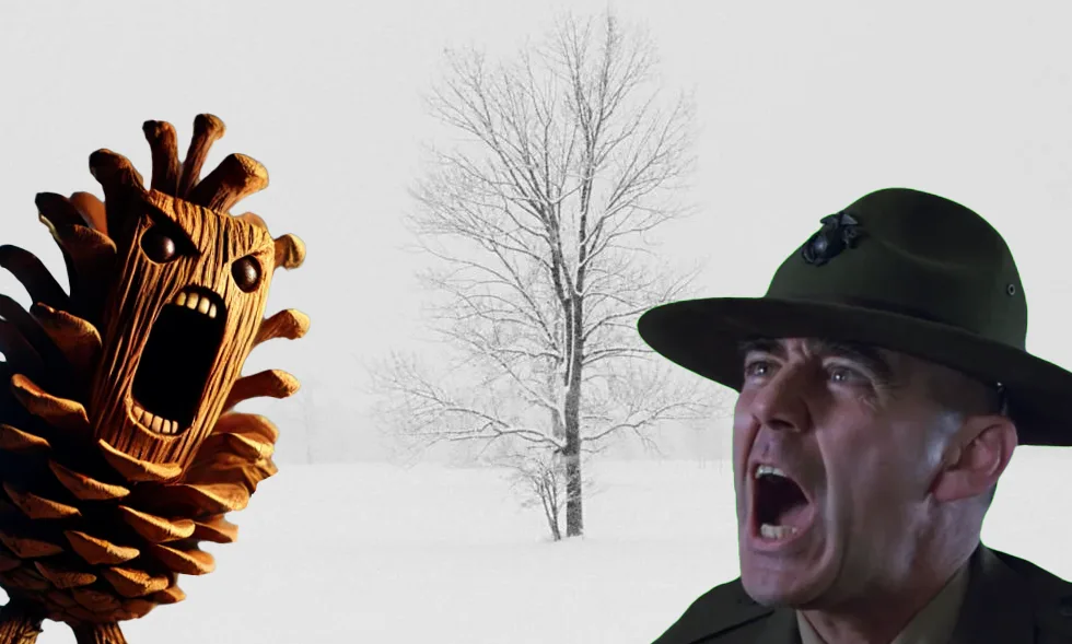 A digitally combined image shows a screaming, anthropomorphic pinecone on the left and a screaming U.S. Marine in uniform on…