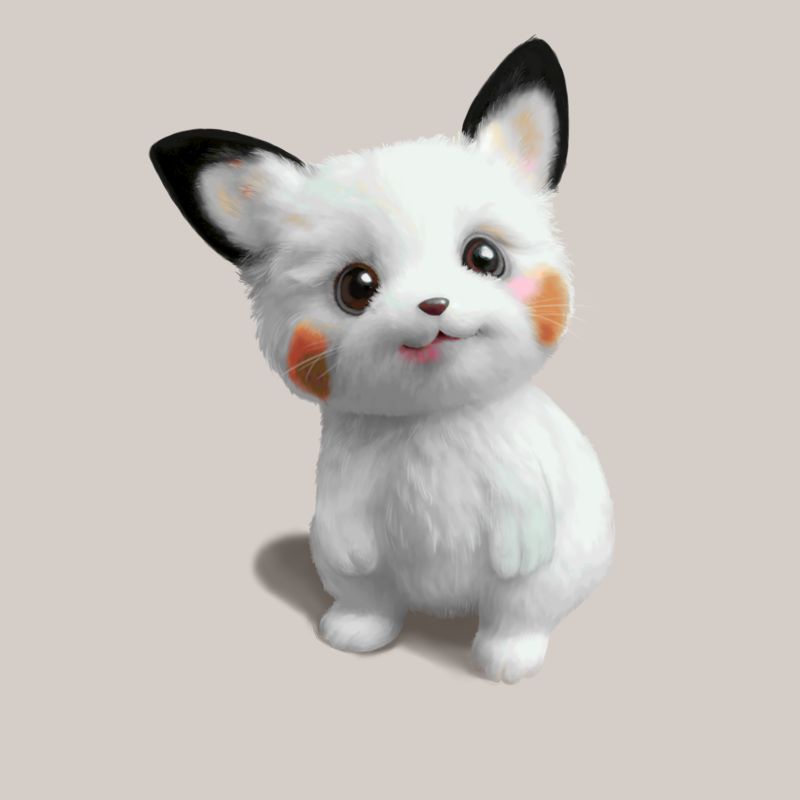 A digitally rendered, fluffy white creature resembling a baby Pikachu with large brown eyes, black-tipped ears, and orange…