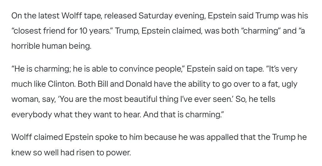 The image displays a block of black text on a plain white background, quoting from a 'Wolff tape' where Jeffrey Epstein…